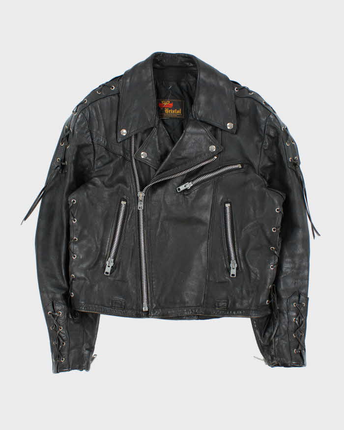 Vintage 1990s Golden Crown By Bristol Quilt Lined Leather Lace Cafe Racer Biker Jacket - M