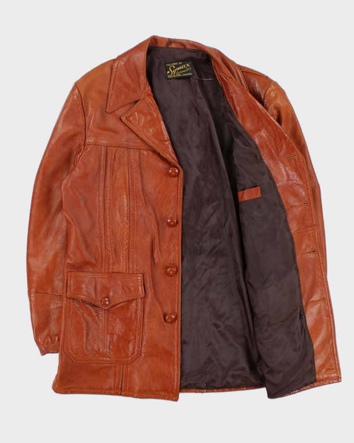 Vintage 1970s Symax Vancouver Cognac Tan Calfskin Leather Mid Length Jacket - L