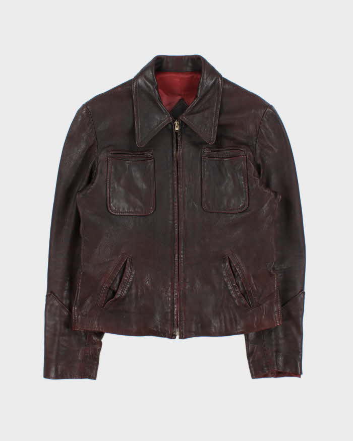 Vintage 1970s Marquis Of London Made In Canada Mahogany Goatskin Leather Belted Trucker Jacket - M