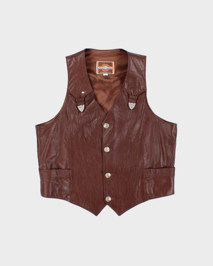 Vintage 1990s Pioneer Wear Brown Calfskin Leather Buckle Waistcoat - XL