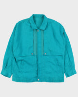 Vintage 1990s Pierre Balmain Turqouise Linen Patch Ribbed Summer Harrington Jacket - L