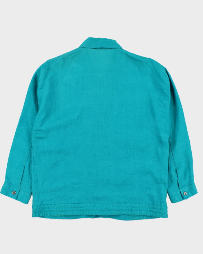 Vintage 1990s Pierre Balmain Turqouise Linen Patch Ribbed Summer Harrington Jacket - L