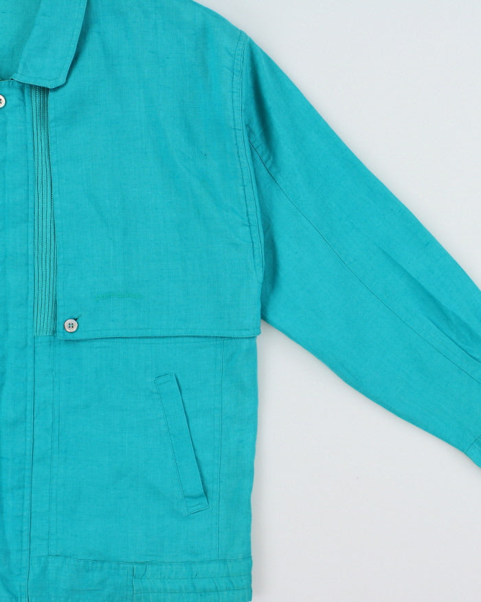 Vintage 1990s Pierre Balmain Turqouise Linen Patch Ribbed Summer Harrington Jacket - L