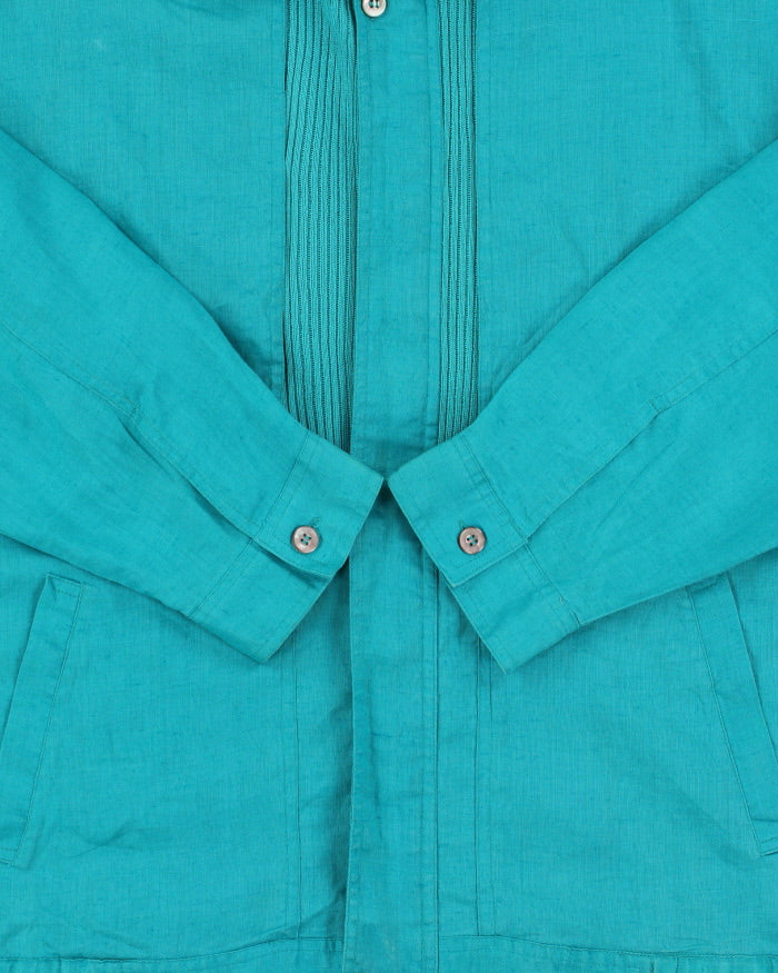 Vintage 1990s Pierre Balmain Turqouise Linen Patch Ribbed Summer Harrington Jacket - L
