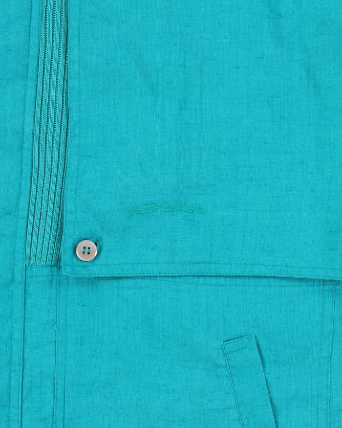 Vintage 1990s Pierre Balmain Turqouise Linen Patch Ribbed Summer Harrington Jacket - L