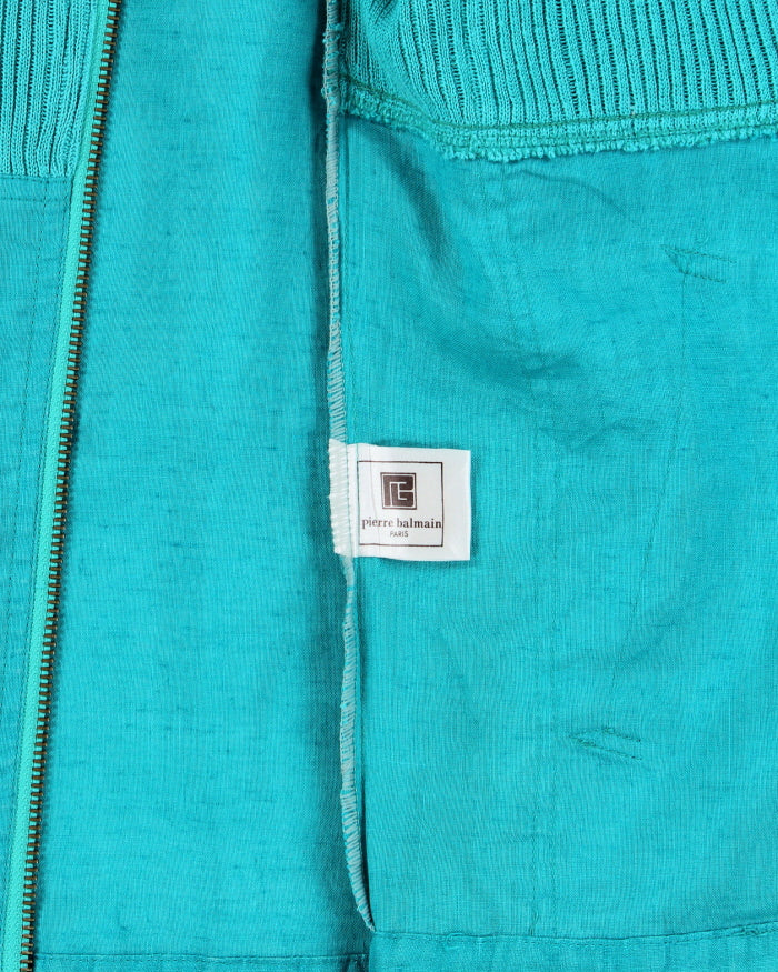 Vintage 1990s Pierre Balmain Turqouise Linen Patch Ribbed Summer Harrington Jacket - L