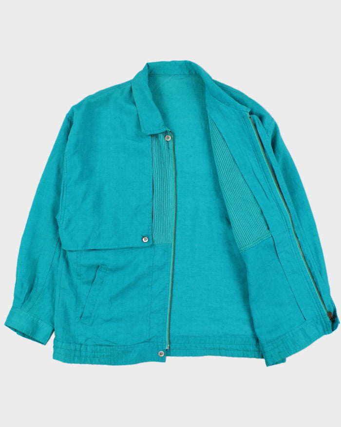 Vintage 1990s Pierre Balmain Turqouise Linen Patch Ribbed Summer Harrington Jacket - L