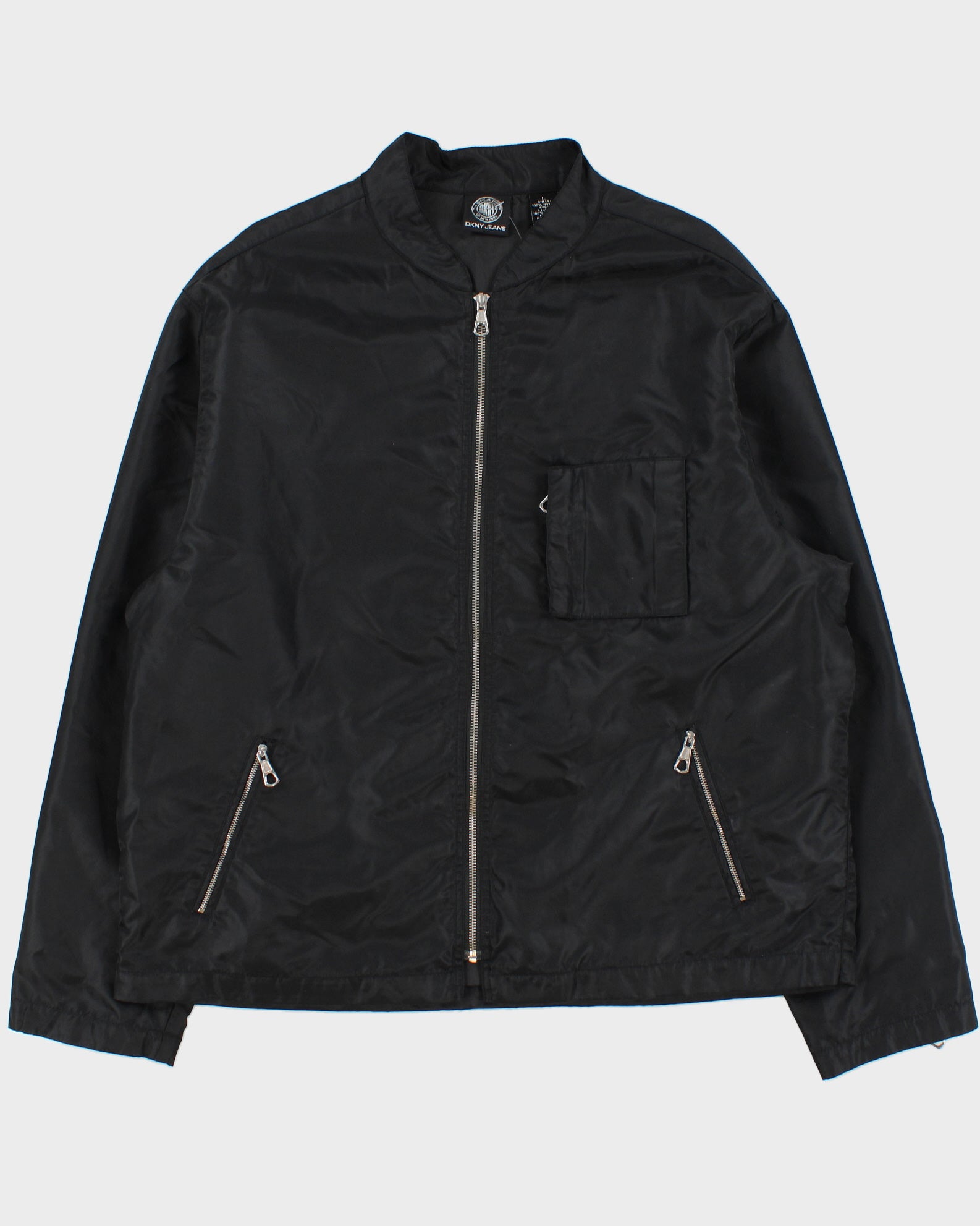 Vintage 1990s DKNY Jeans Satin Shell Big Logo Cafe Racer Jacket - L