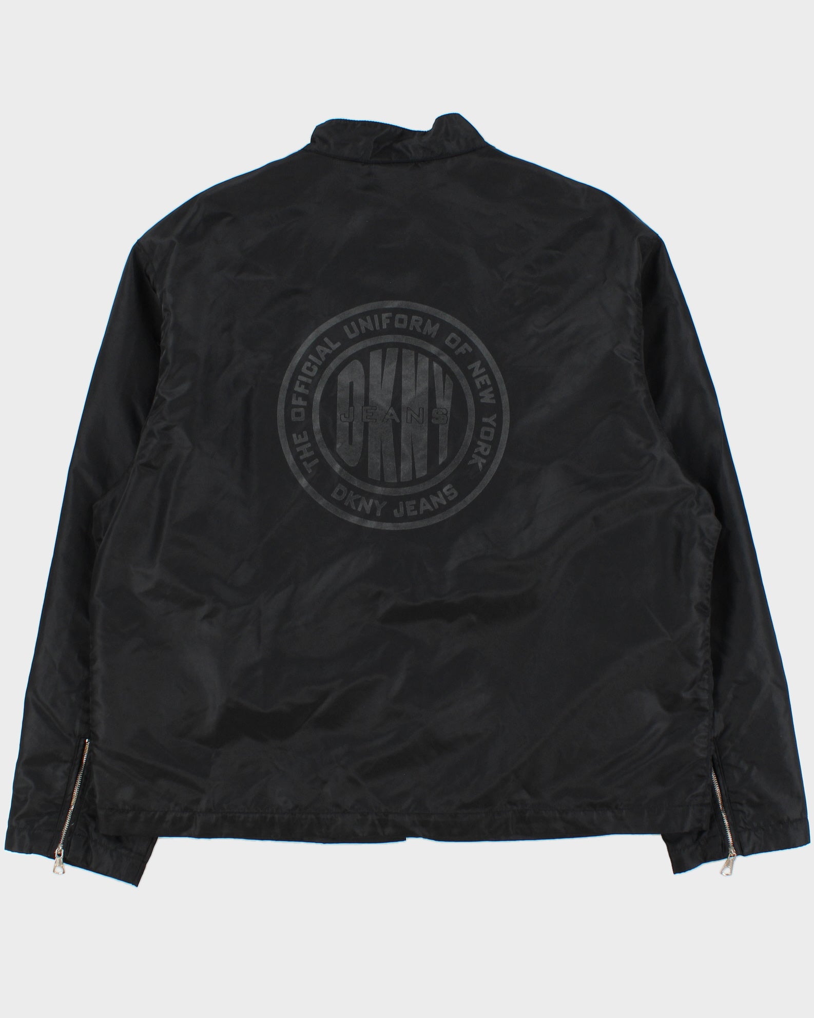 Vintage 1990s DKNY Jeans Satin Shell Big Logo Cafe Racer Jacket - L
