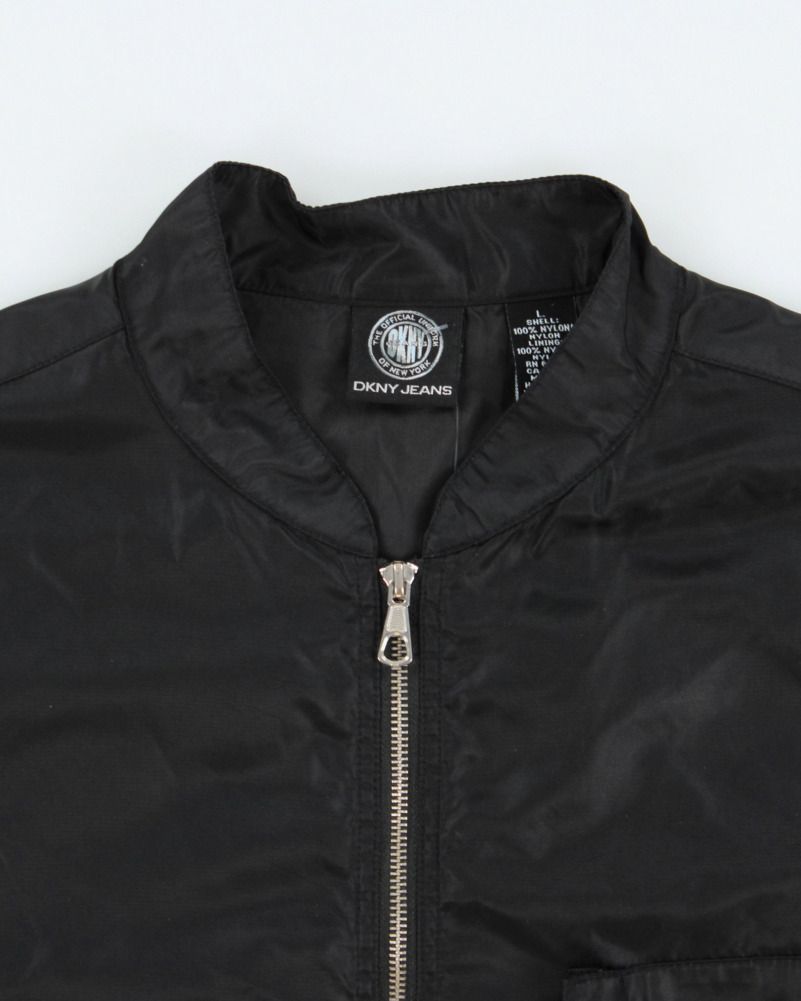 Vintage 1990s DKNY Jeans Satin Shell Big Logo Cafe Racer Jacket - L