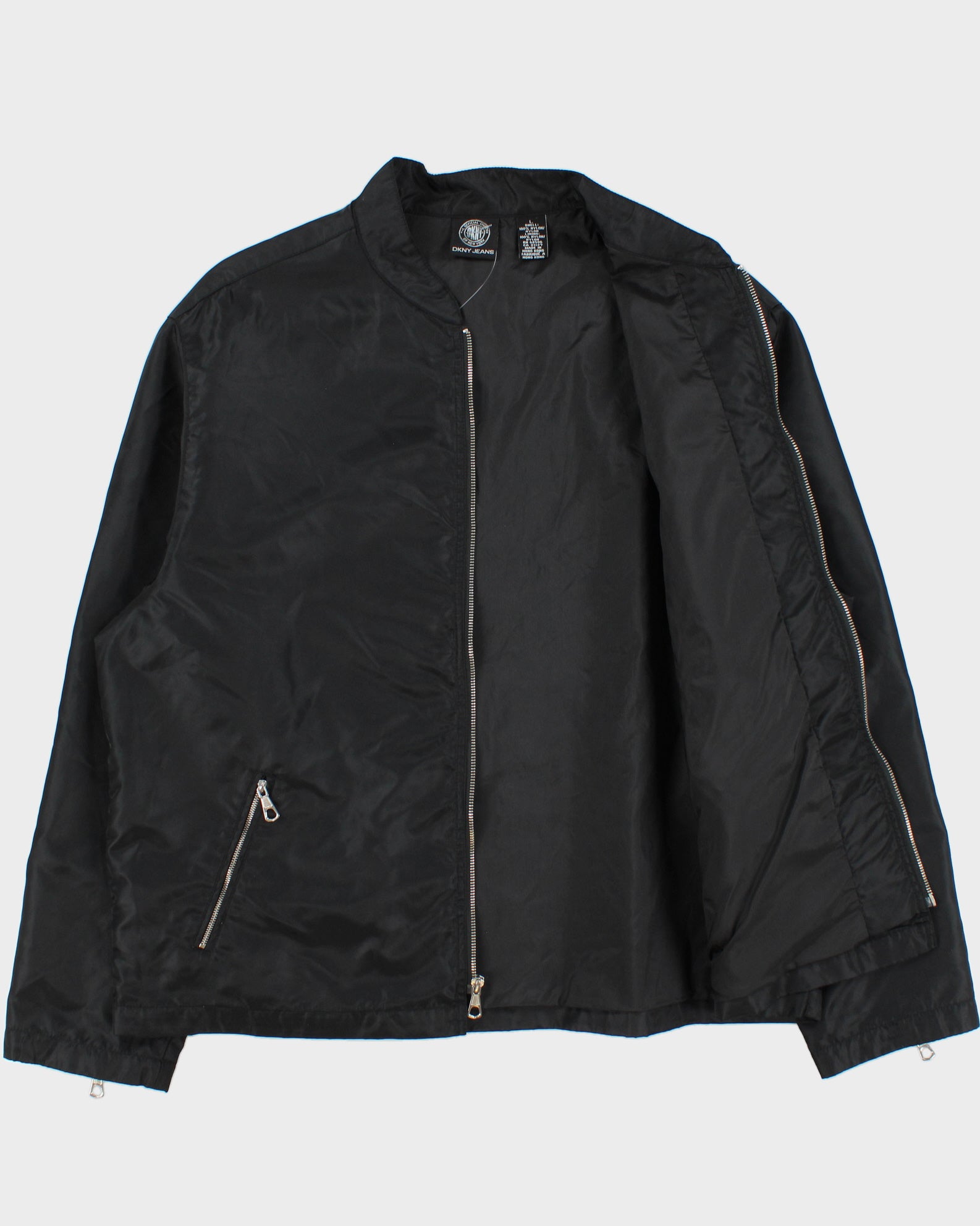 Vintage 1990s DKNY Jeans Satin Shell Big Logo Cafe Racer Jacket - L