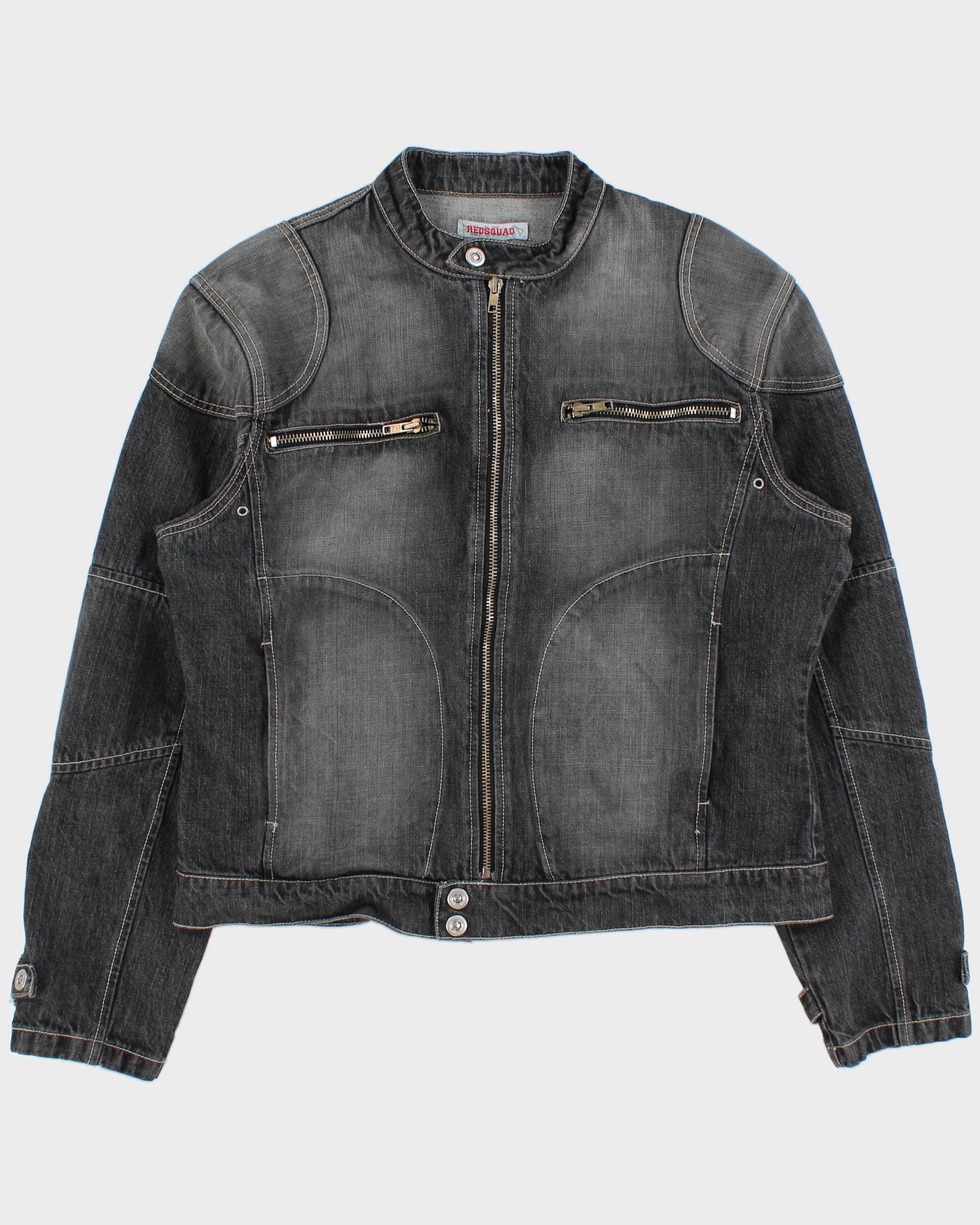 Vintage Y2K 00s Redsquad Stone Wash Denim Contrast Stitch Cafe Racer Moto Jacket - XL