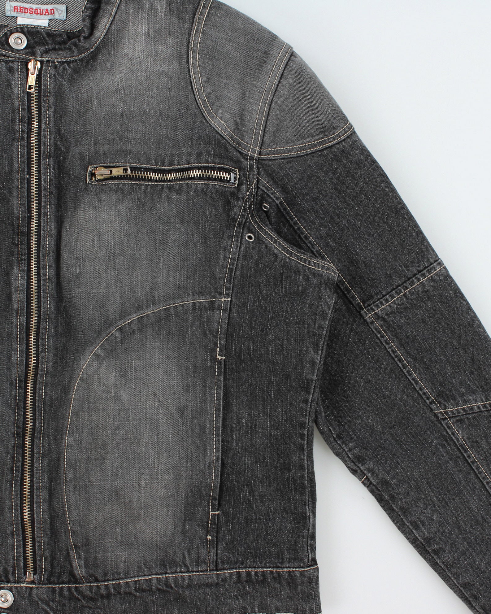 Vintage Y2K 00s Redsquad Stone Wash Denim Contrast Stitch Cafe Racer Moto Jacket - XL