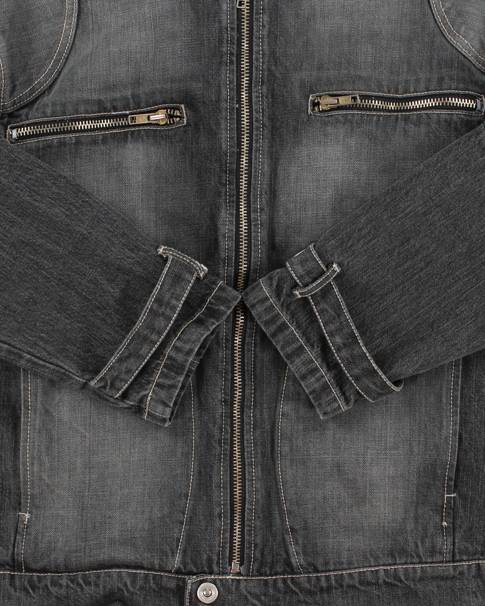 Vintage Y2K 00s Redsquad Stone Wash Denim Contrast Stitch Cafe Racer Moto Jacket - XL