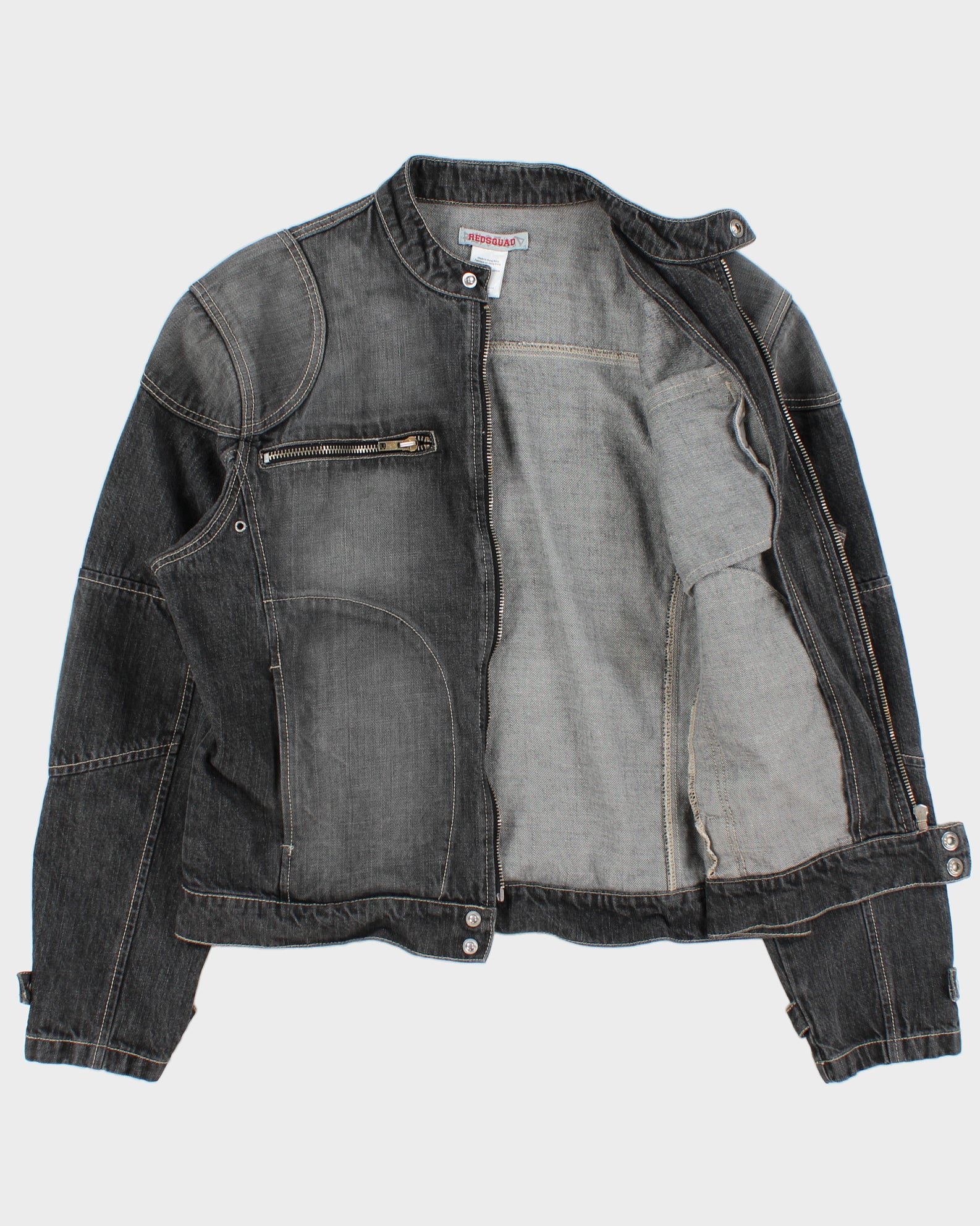 Vintage Y2K 00s Redsquad Stone Wash Denim Contrast Stitch Cafe Racer Moto Jacket - XL