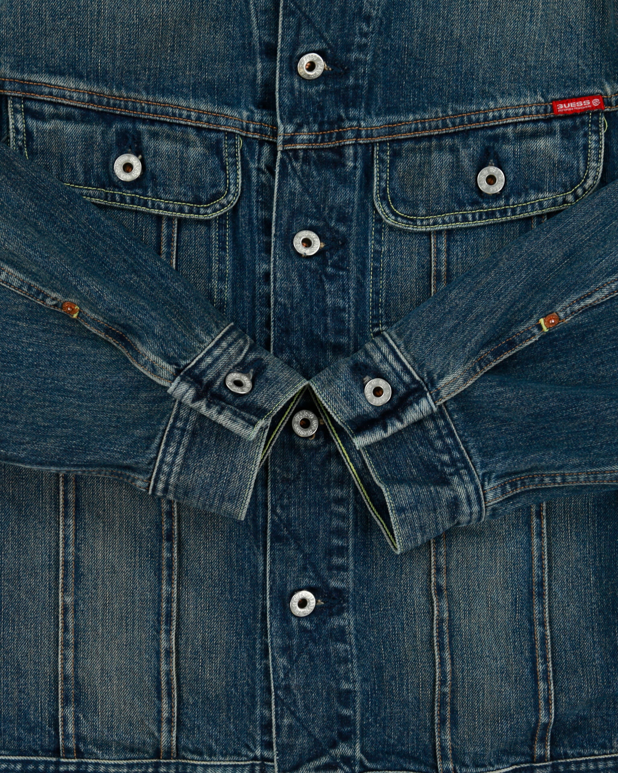 Vintage Y2K 00s Guess Jeans Canvas Collar Distressed Denim Trucker Jacket - M