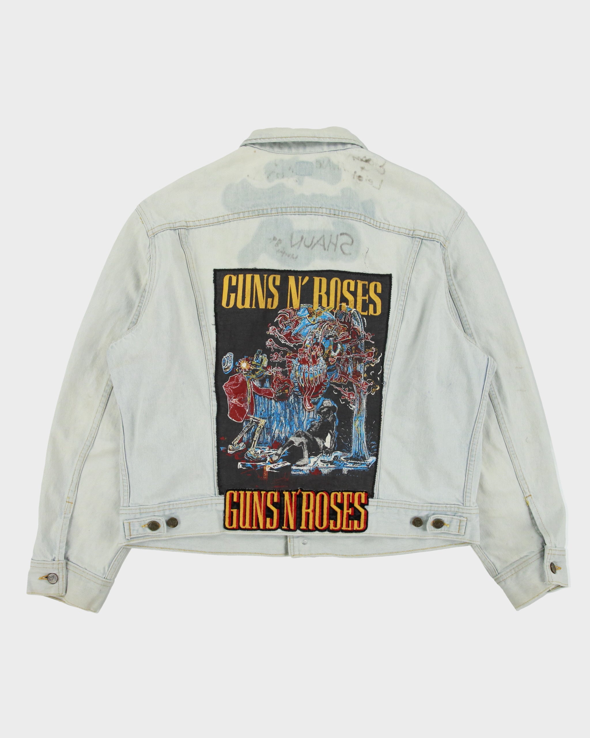 Vintage 1989 Lee Light Wash Denim Guns &amp; Roses Appetite For Destruction Debut Album Patch Distressed Made In Canada Trucker Jacket - XL