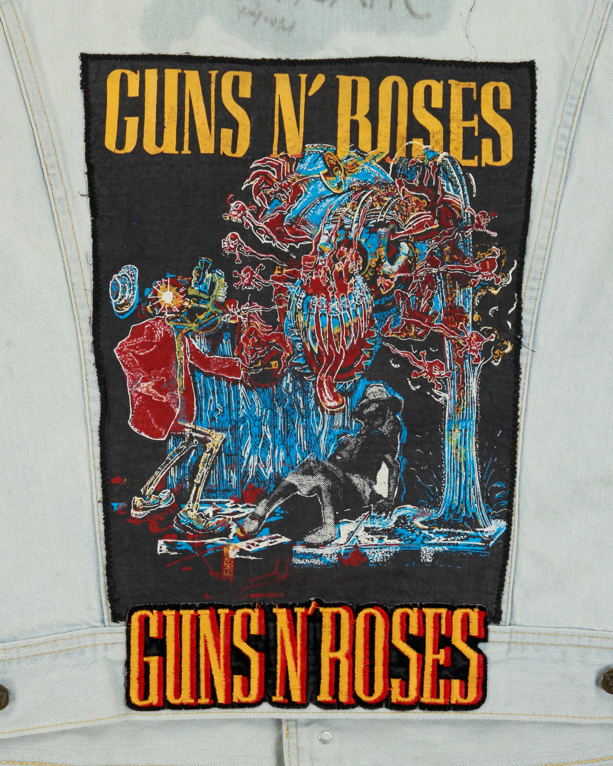 Vintage 1989 Lee Light Wash Denim Guns &amp; Roses Appetite For Destruction Debut Album Patch Distressed Made In Canada Trucker Jacket - XL
