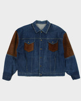 Vintage 1990s U.S Dark Wash Denim Suede Patch Western Trucker Jacket - XL