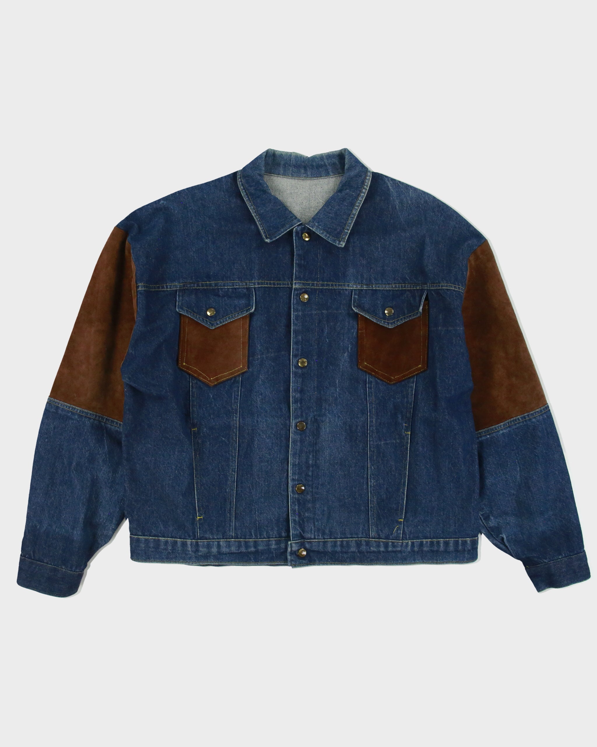 Vintage 1990s U.S Dark Wash Denim Suede Patch Western Trucker Jacket - XL
