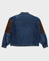 Vintage 1990s U.S Dark Wash Denim Suede Patch Western Trucker Jacket - XL