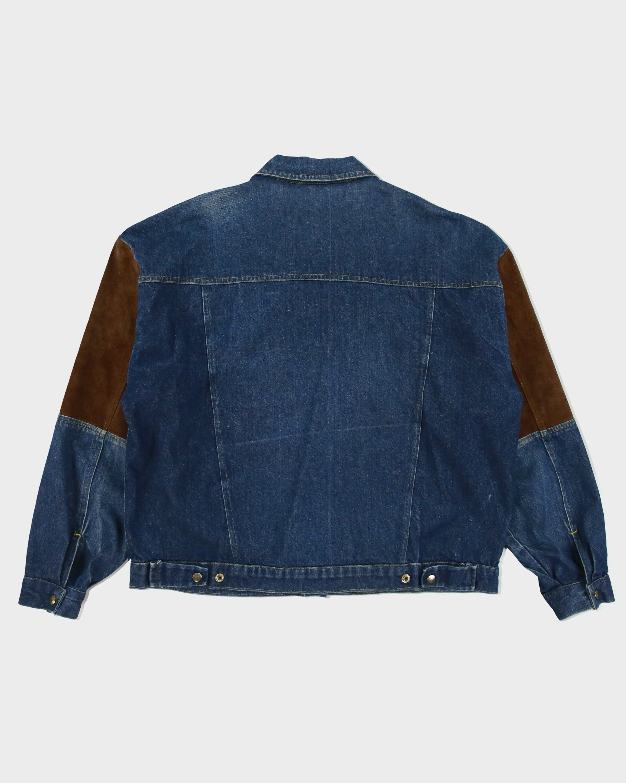Vintage 1990s U.S Dark Wash Denim Suede Patch Western Trucker Jacket - XL