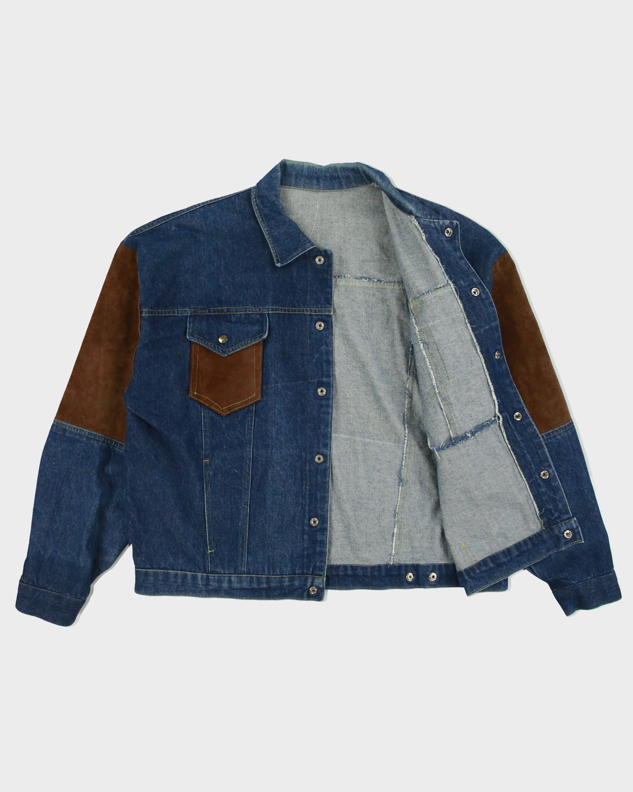 Vintage 1990s U.S Dark Wash Denim Suede Patch Western Trucker Jacket - XL