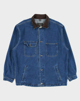 Vintage 1990s ID Wear Dark Wash Denim Leather Collar Chore Jacket - L
