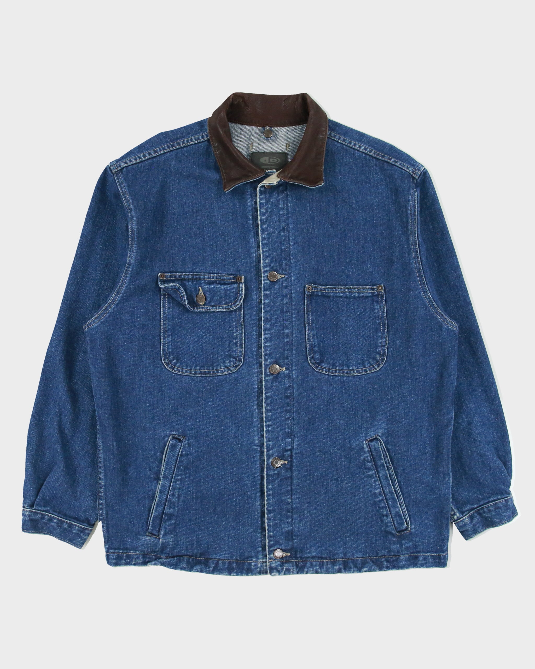 Vintage 1990s ID Wear Dark Wash Denim Leather Collar Chore Jacket - L
