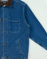 Vintage 1990s ID Wear Dark Wash Denim Leather Collar Chore Jacket - L