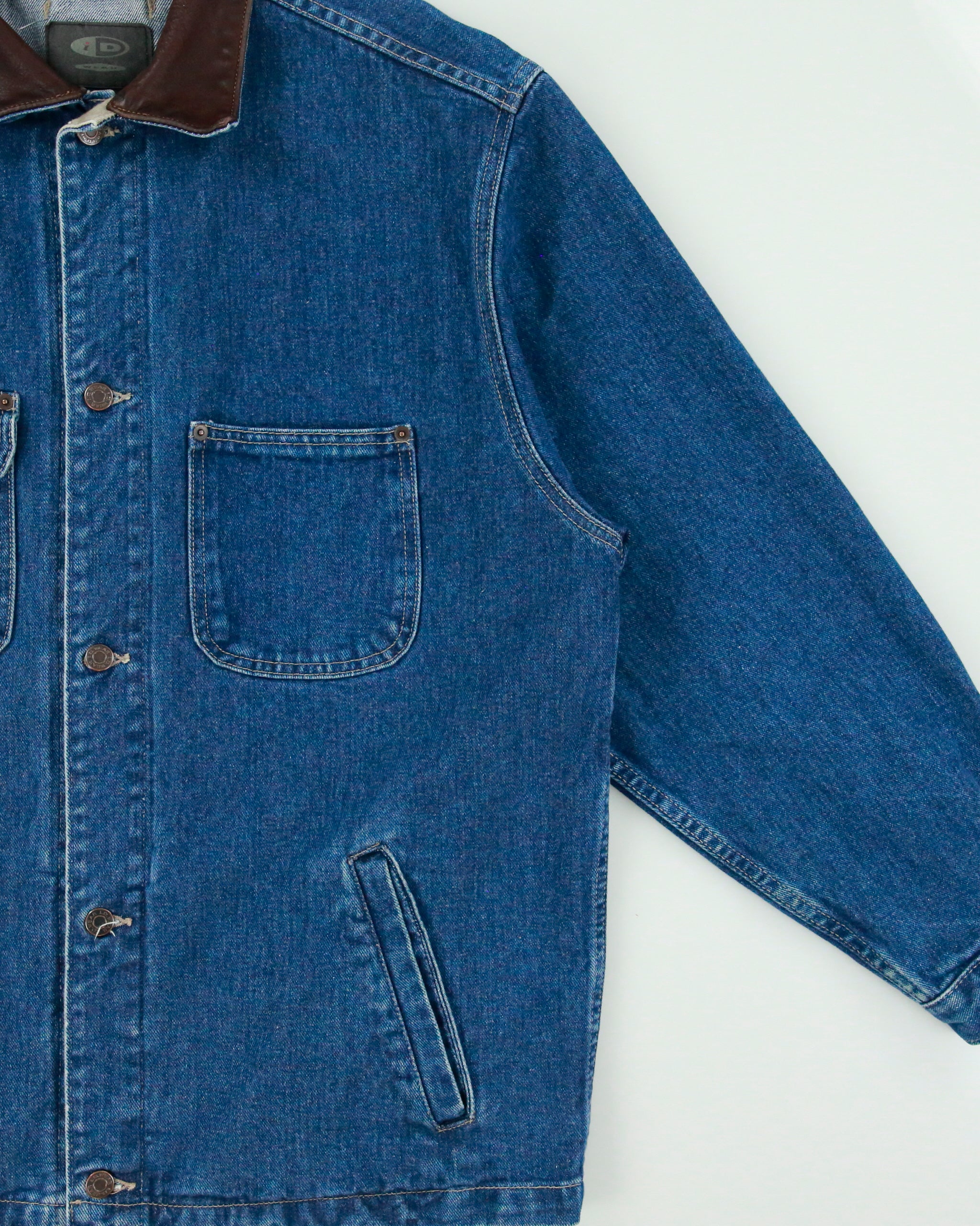 Vintage 1990s ID Wear Dark Wash Denim Leather Collar Chore Jacket - L
