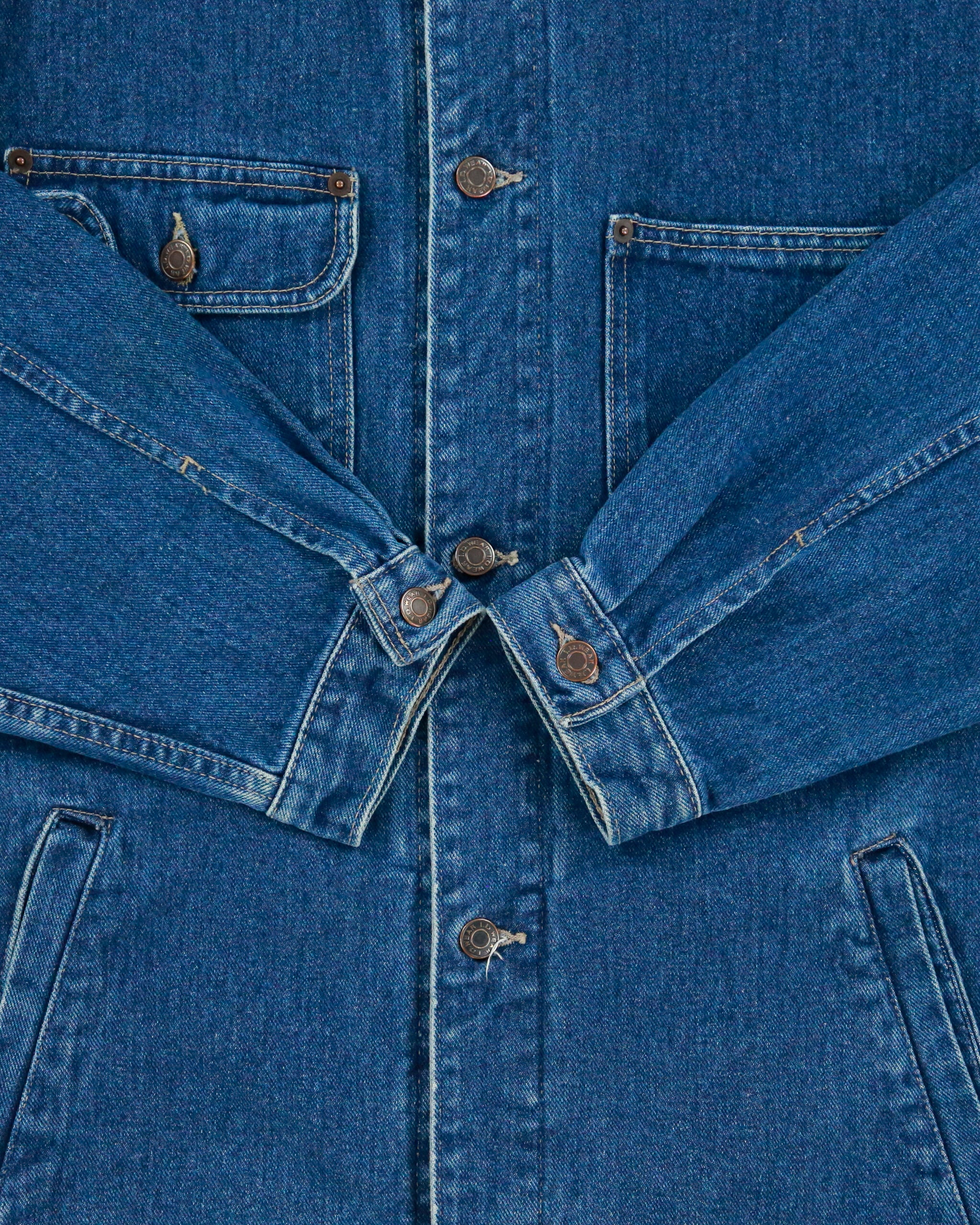 Vintage 1990s ID Wear Dark Wash Denim Leather Collar Chore Jacket - L