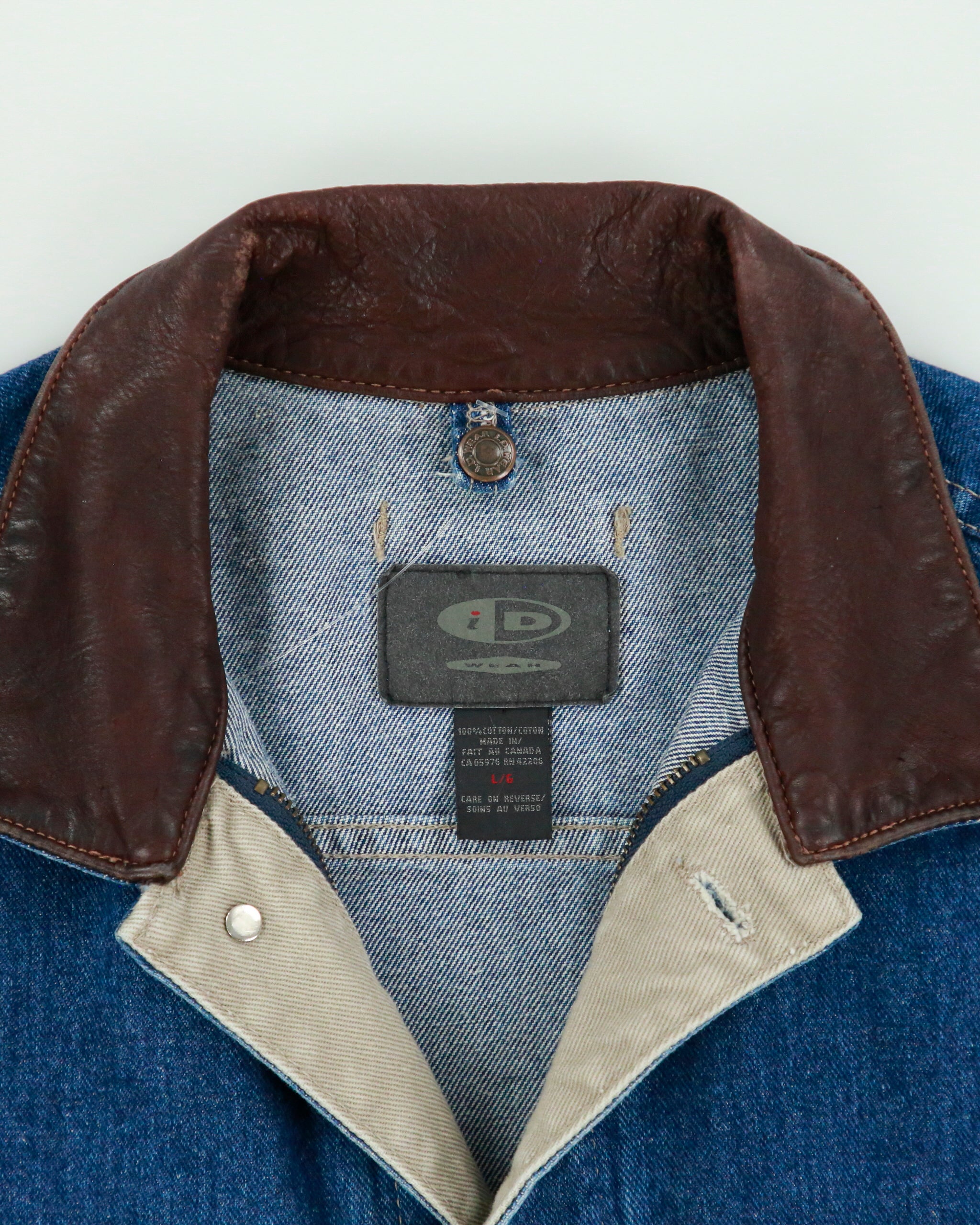 Vintage 1990s ID Wear Dark Wash Denim Leather Collar Chore Jacket - L