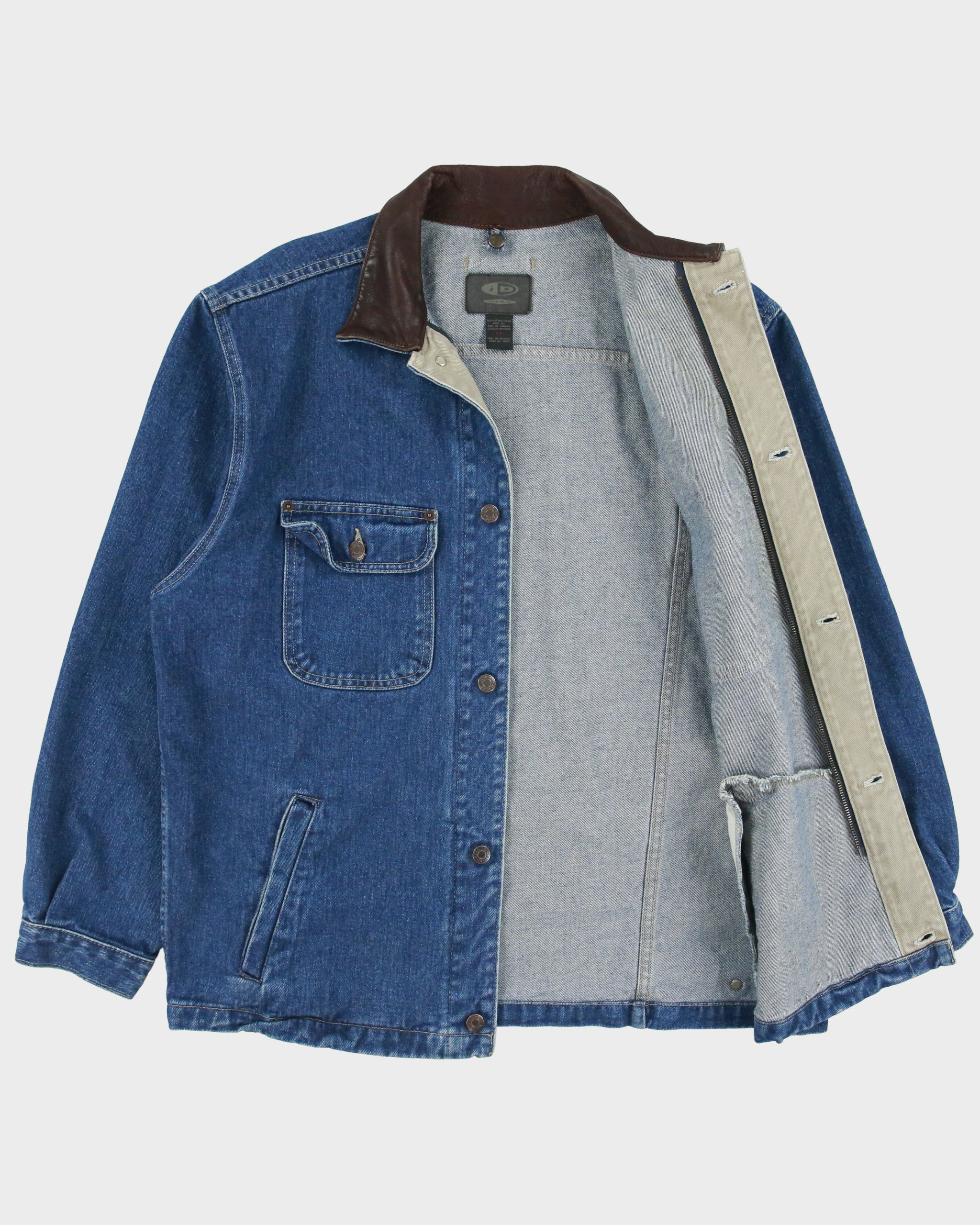 Vintage 1990s ID Wear Dark Wash Denim Leather Collar Chore Jacket - L