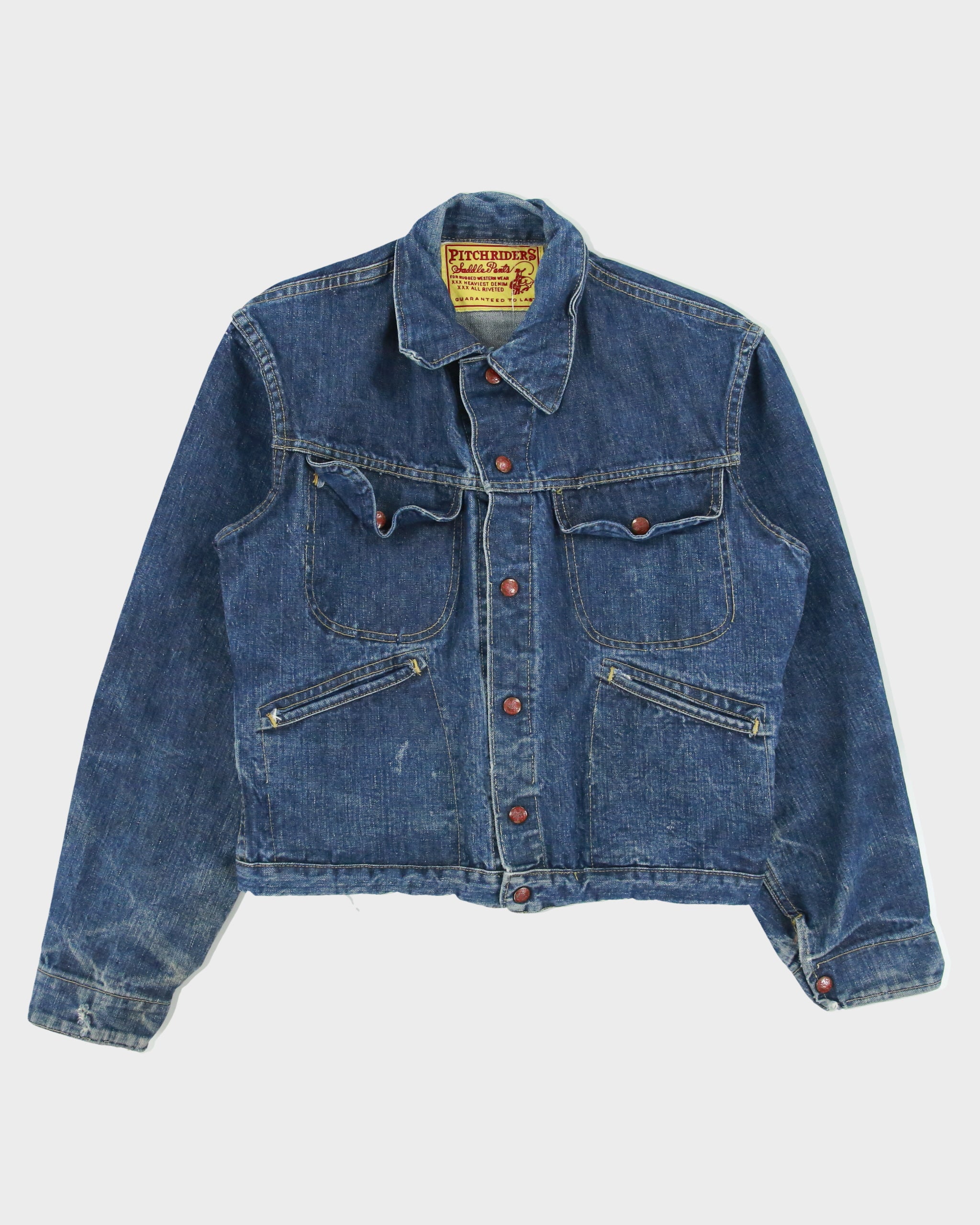 Vintage Pitch Riders Western Riveted Snap Button 124MJ Raw Denim Trucker Jacket - L
