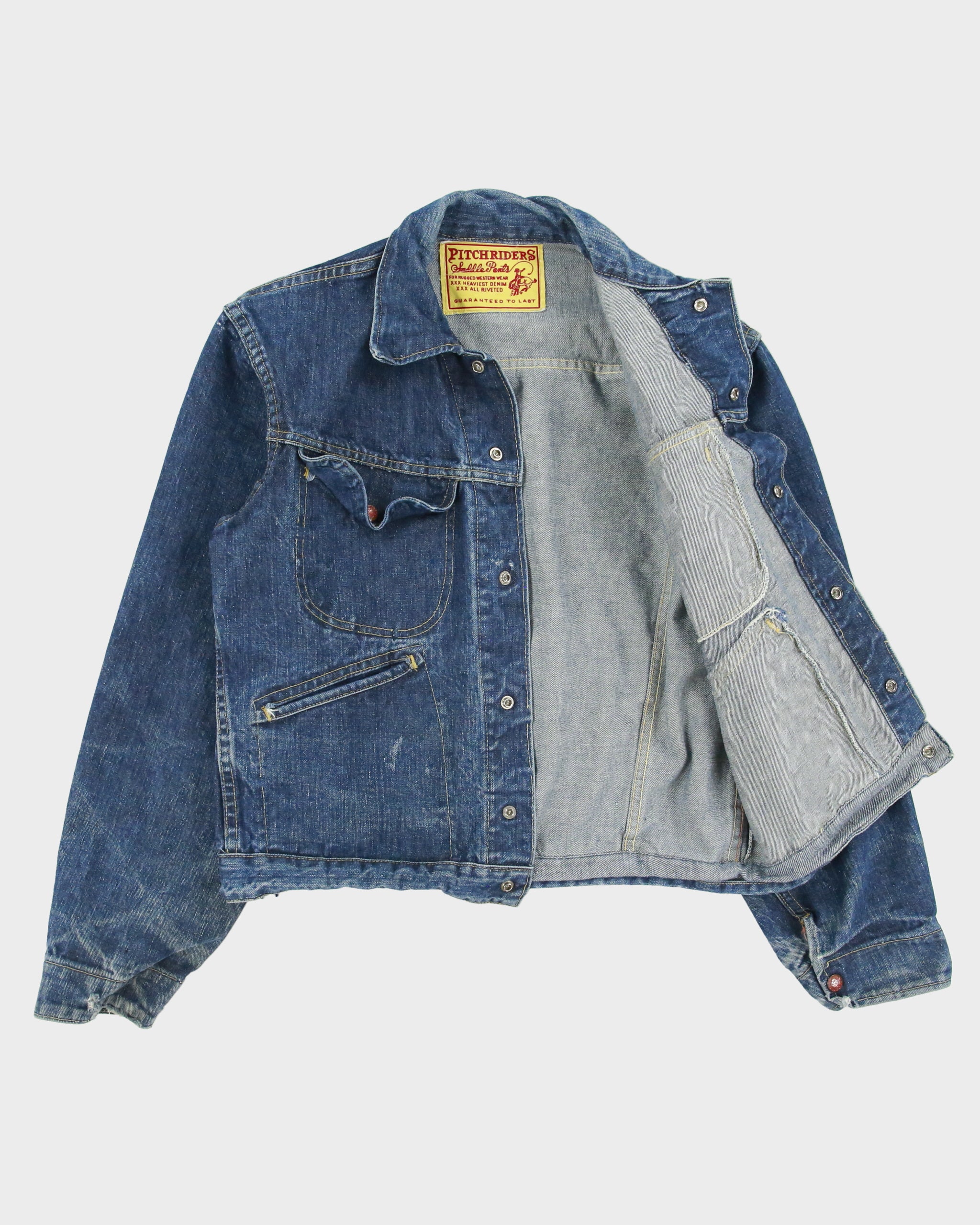 Vintage Pitch Riders Western Riveted Snap Button 124MJ Raw Denim Trucker Jacket - L