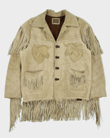 Vintage 1970s El Canelo Tan Suede Western Fringe Bull Riding Made In Mexico Cowboy Jacket - L