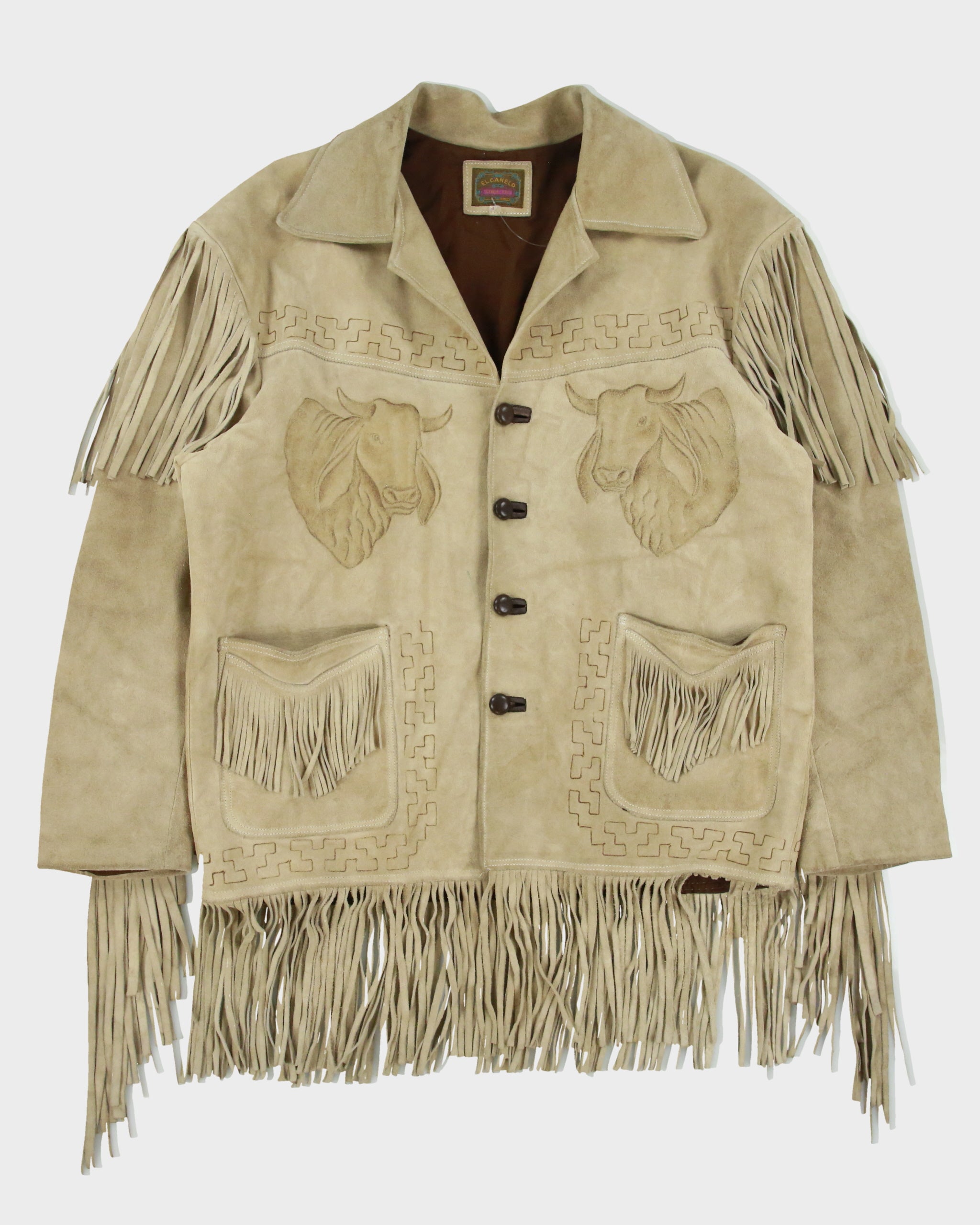 Vintage 1970s El Canelo Tan Suede Western Fringe Bull Riding Made In Mexico Cowboy Jacket - L