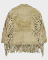Vintage 1970s El Canelo Tan Suede Western Fringe Bull Riding Made In Mexico Cowboy Jacket - L