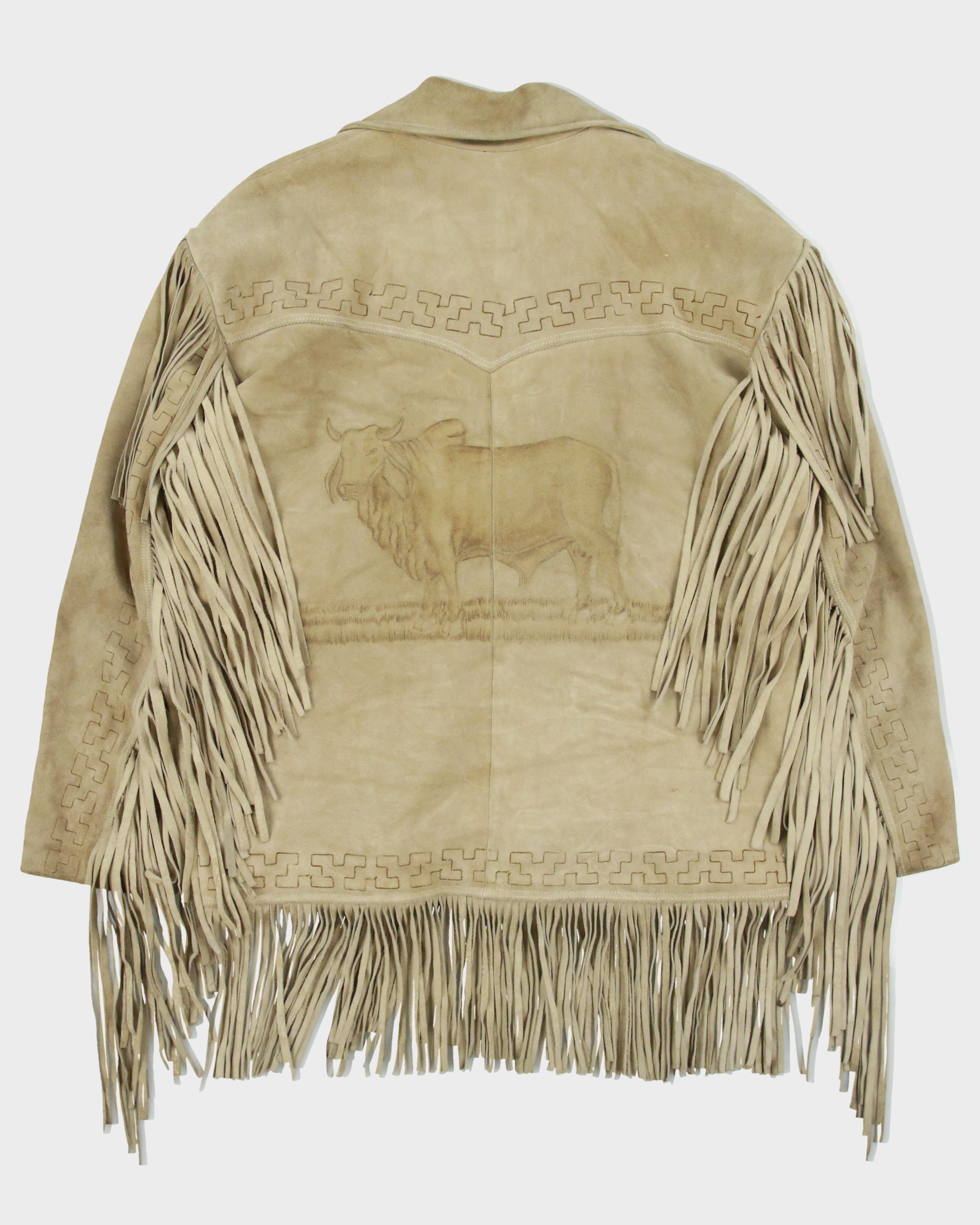 Vintage 1970s El Canelo Tan Suede Western Fringe Bull Riding Made In Mexico Cowboy Jacket - L