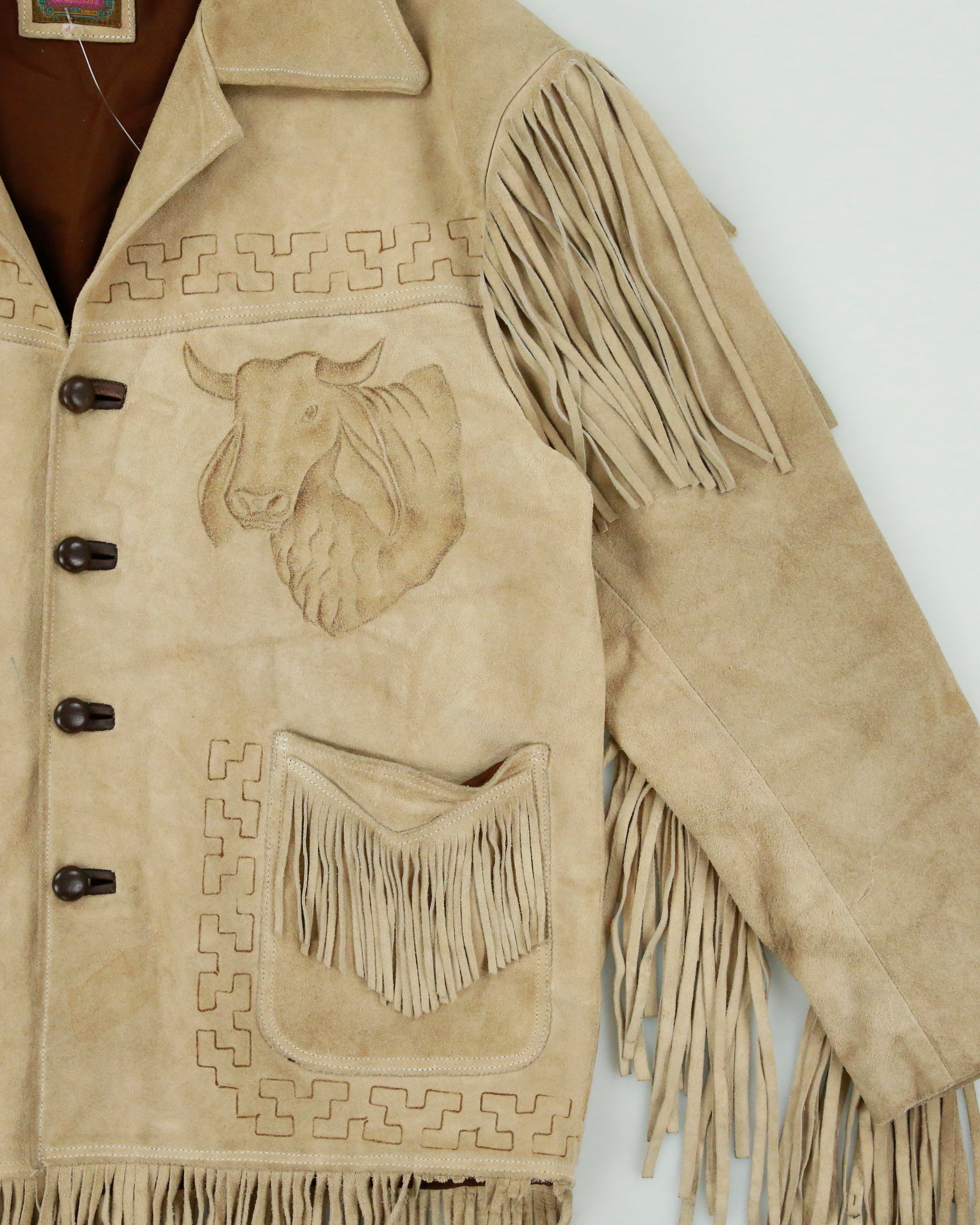 Vintage 1970s El Canelo Tan Suede Western Fringe Bull Riding Made In Mexico Cowboy Jacket - L