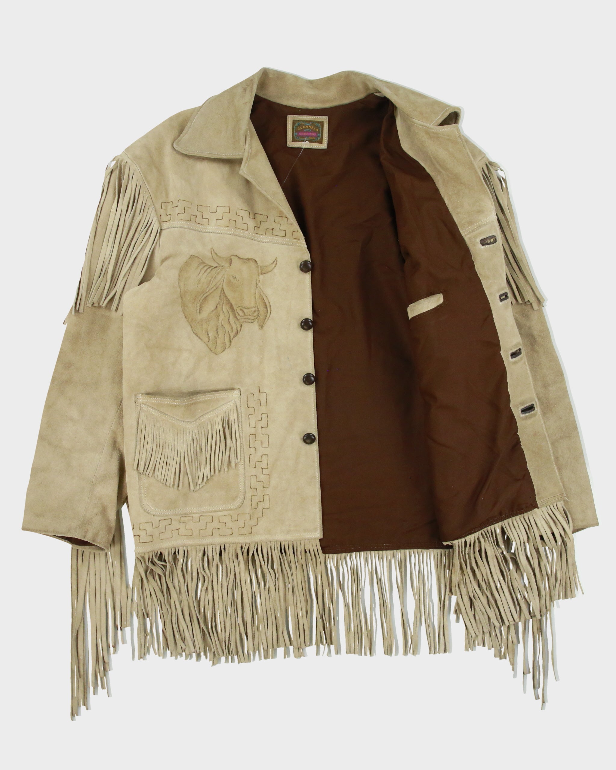 Vintage 1970s El Canelo Tan Suede Western Fringe Bull Riding Made In Mexico Cowboy Jacket - L