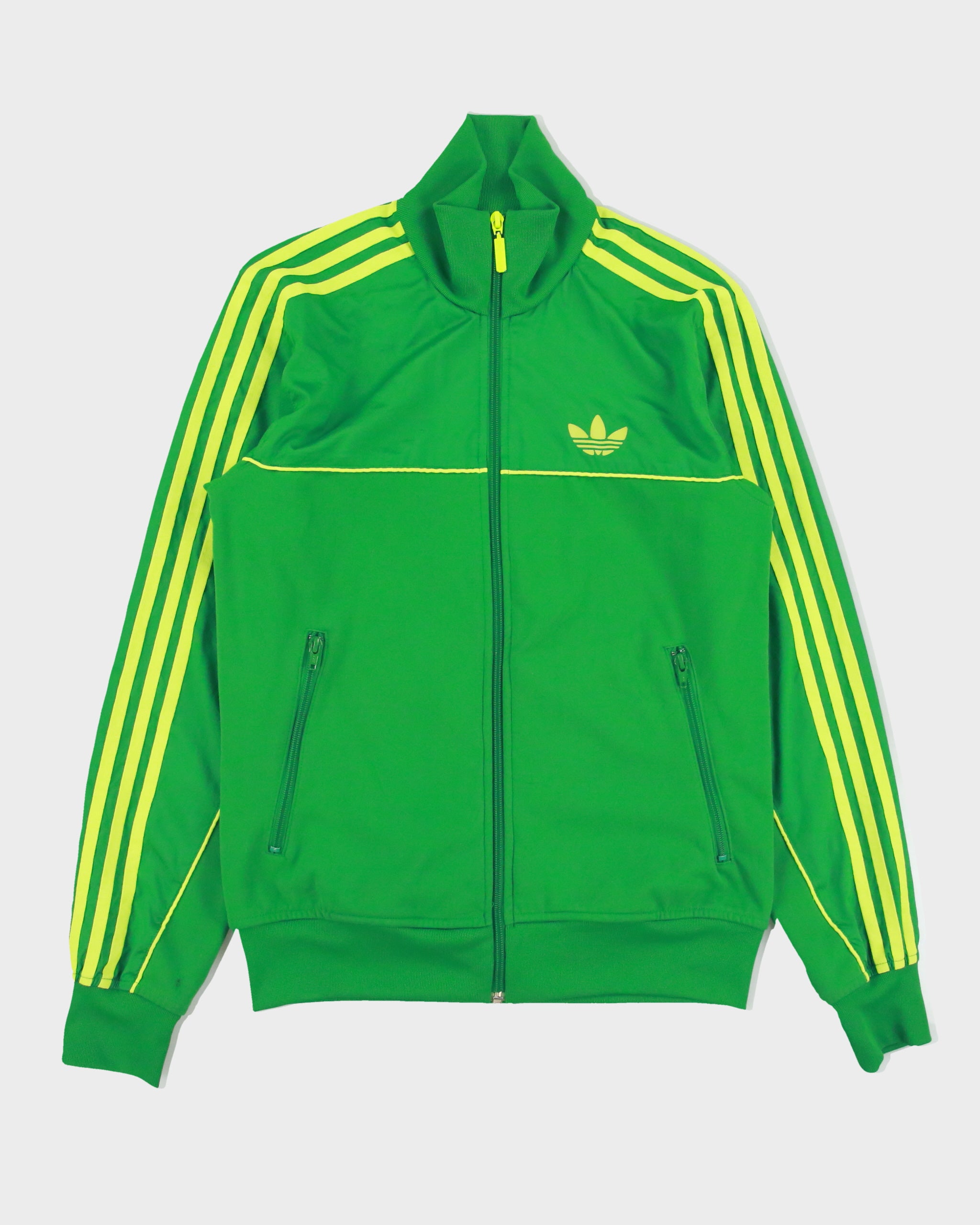 Vintage Adidas Originals Volt Green 3-Stripe Funnel Neck Track Jacket - S