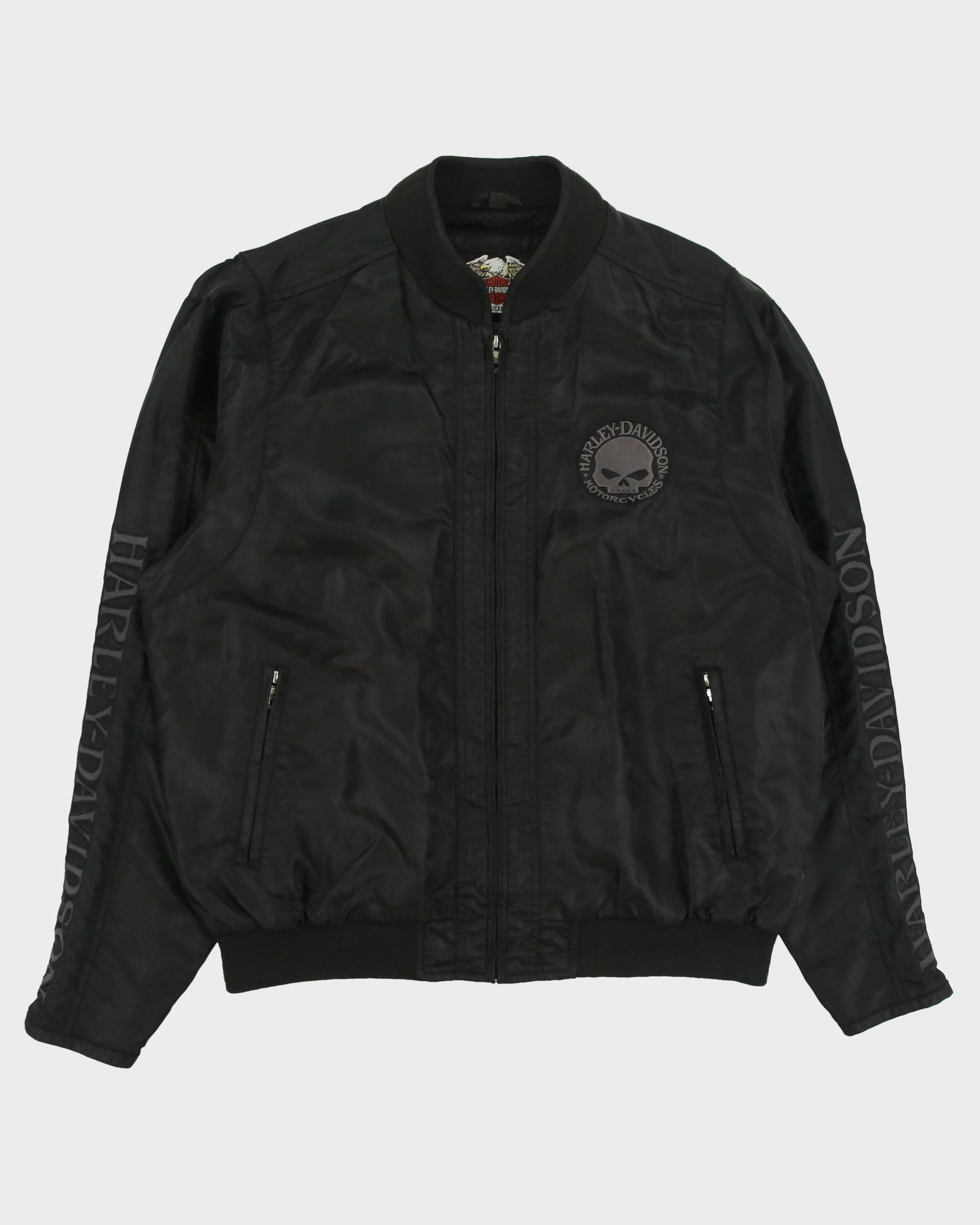 Vintage Y2K 00s Harley Davidson Skull Embroidered Satin Bomber Biker Jacket - XL