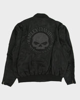 Vintage Y2K 00s Harley Davidson Skull Embroidered Satin Bomber Biker Jacket - XL
