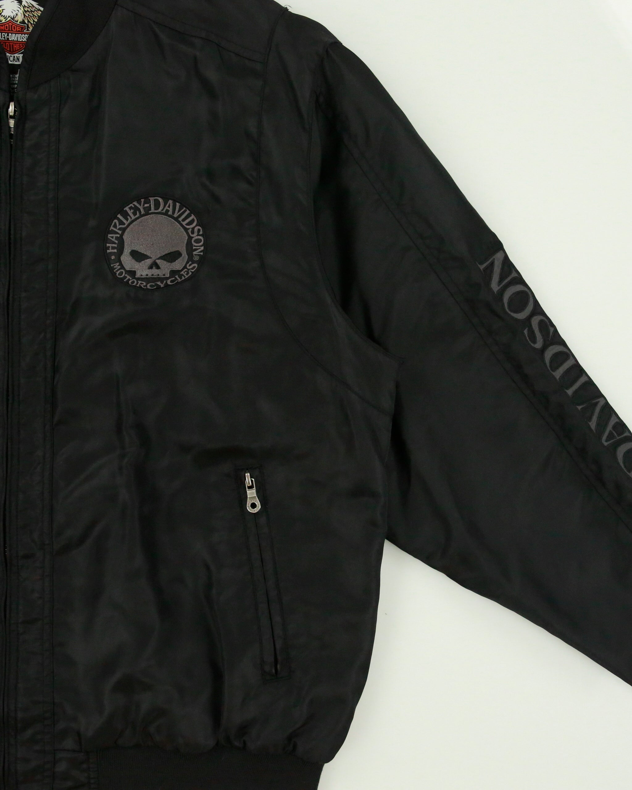 Vintage Y2K 00s Harley Davidson Skull Embroidered Satin Bomber Biker Jacket - XL