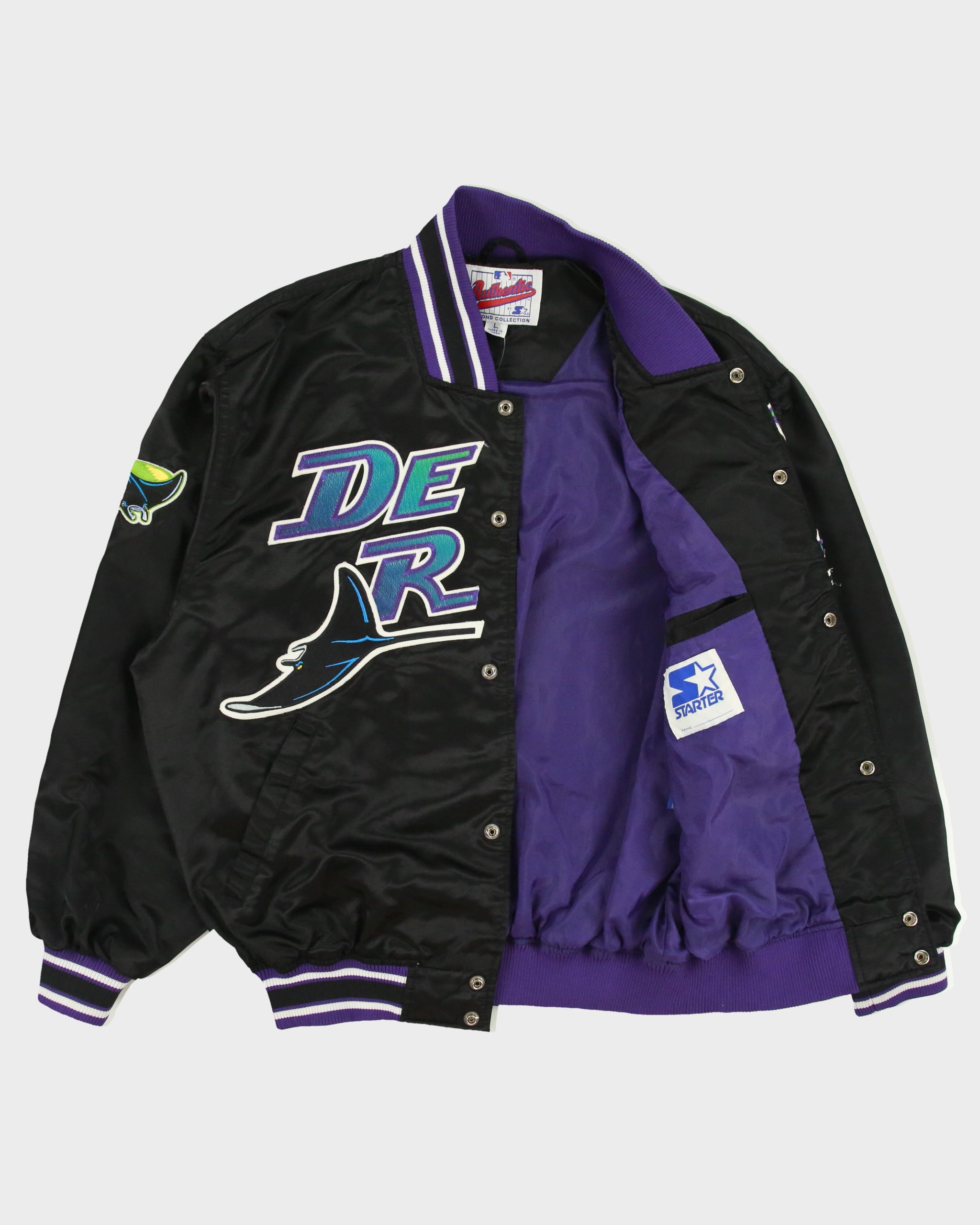 Vintage 1990s Starter Diamond Collection Tampa Bay Devil Rays MLB Satin Bomber Jacket - L