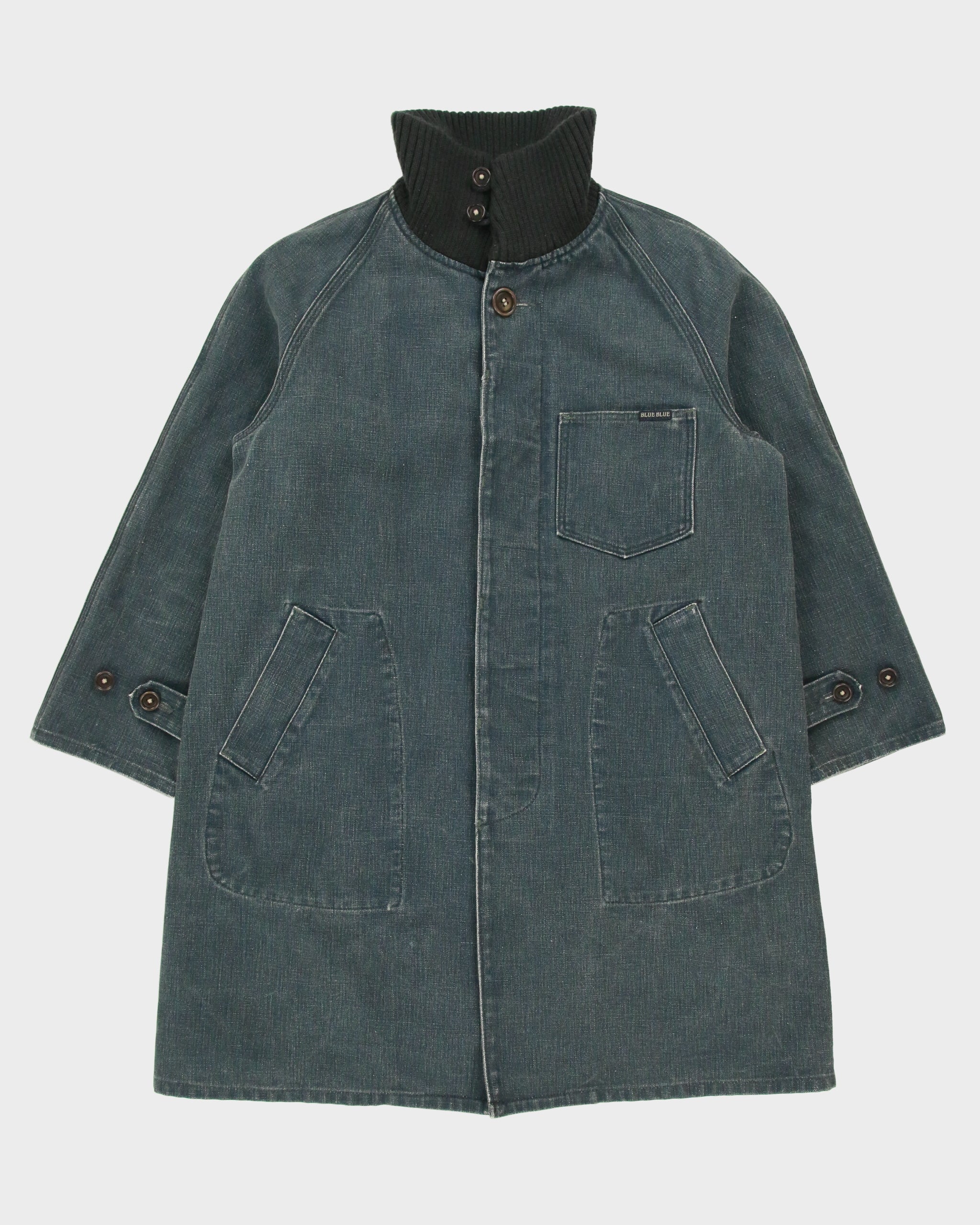 Vintage 1990s BLUE BLUE Japan By Seilin &amp; Co. Indigo Denim Ribbed Collar Mac Jacket - M