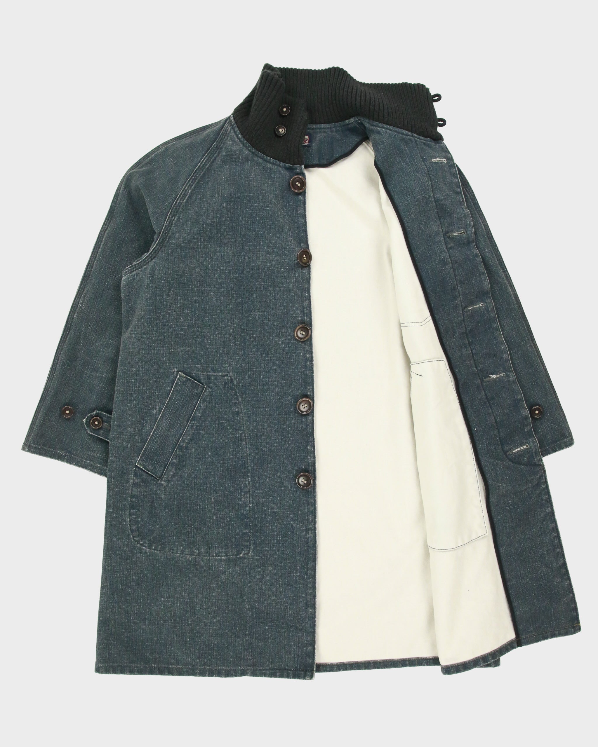 Vintage 1990s BLUE BLUE Japan By Seilin &amp; Co. Indigo Denim Ribbed Collar Mac Jacket - M