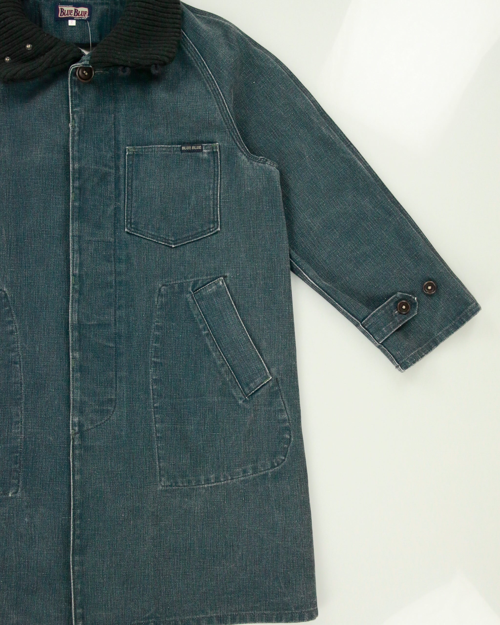Vintage 1990s BLUE BLUE Japan By Seilin &amp; Co. Indigo Denim Ribbed Collar Mac Jacket - M